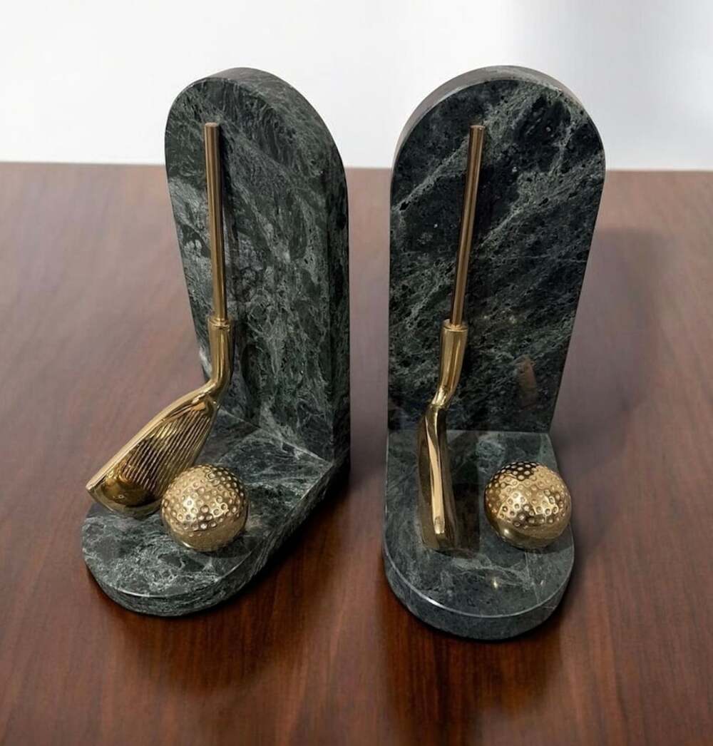 Vintage Green Marble & Brass Golf Club & Ball Bookends Pair
